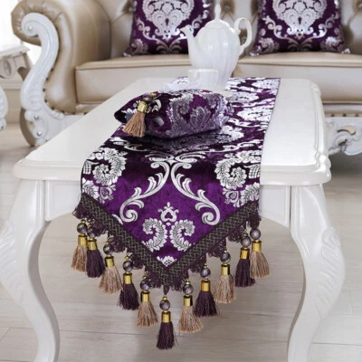 Velvet Table Runner Shiny Silver Floral Tasseled Table Cloth Home Adorn Luxury - Image 1 of 4