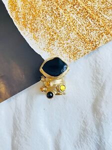 Yves Saint Laurent YSL Black Yellow Cabochon Enamel Chunky Ring, Size 6, Gold