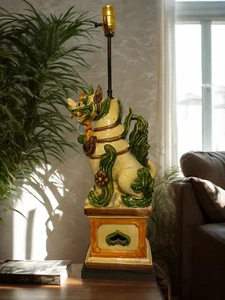 RARE 🐉 Majolica Foo Dog Lamp 🏮 Antique Glazed Chinese Ceramic Light 💡 27" - Picture 1 of 20