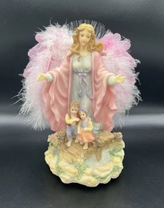 VTG Y2K Guardian Angel Fiber Optic w/ Children Light Up Musical Resin Statue - Foto 1 di 9