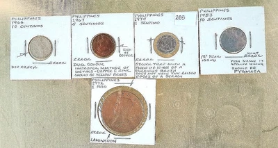 5 PHILIPPINES ERRORS Strk Thru Wire, Improper Alloy Mix, Die Crack, Lamination - Image 1 of 4