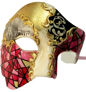 MAR5 PHANTOM OF THE OPERA MASK HANDMADE IN VENICE PAPIER MACHE, RED/GOLD. - Picture 1 of 3