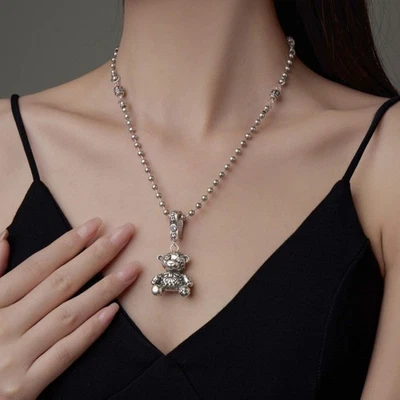 Silver Plated  Small Bear Necklace Pendant with Chain Lucky Jewelry Gift - Image 1 of 4