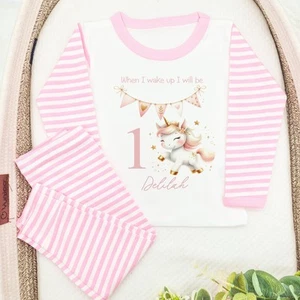 Personalised Pastel Unicorn Pink Stripe Birthday Pyjamas - Picture 1 of 5