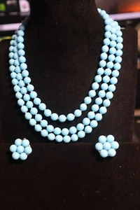 Vtg West Germany Blue 3-Strand Necklace w/Clip Earring Set Knotted Glass Bead - Picture 1 of 6