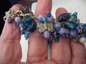 CLUSTER BLUE DANGLE  MURANO  GLASS  BEADS BUTTERFLY CHARMS 6"L BRACELET #28/24 - Picture 1 of 7