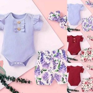 Newborn Girl Outfits Baby Girl Summer Clothes Ruffle Romper+Pant+Headband Set - Picture 1 of 14