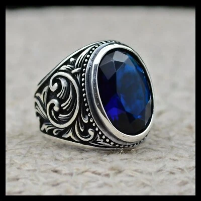 Anillo clásico de plata esterlina 925 joyería turca circón azul para hombre todas las tallas # TR Foto 1 de 4