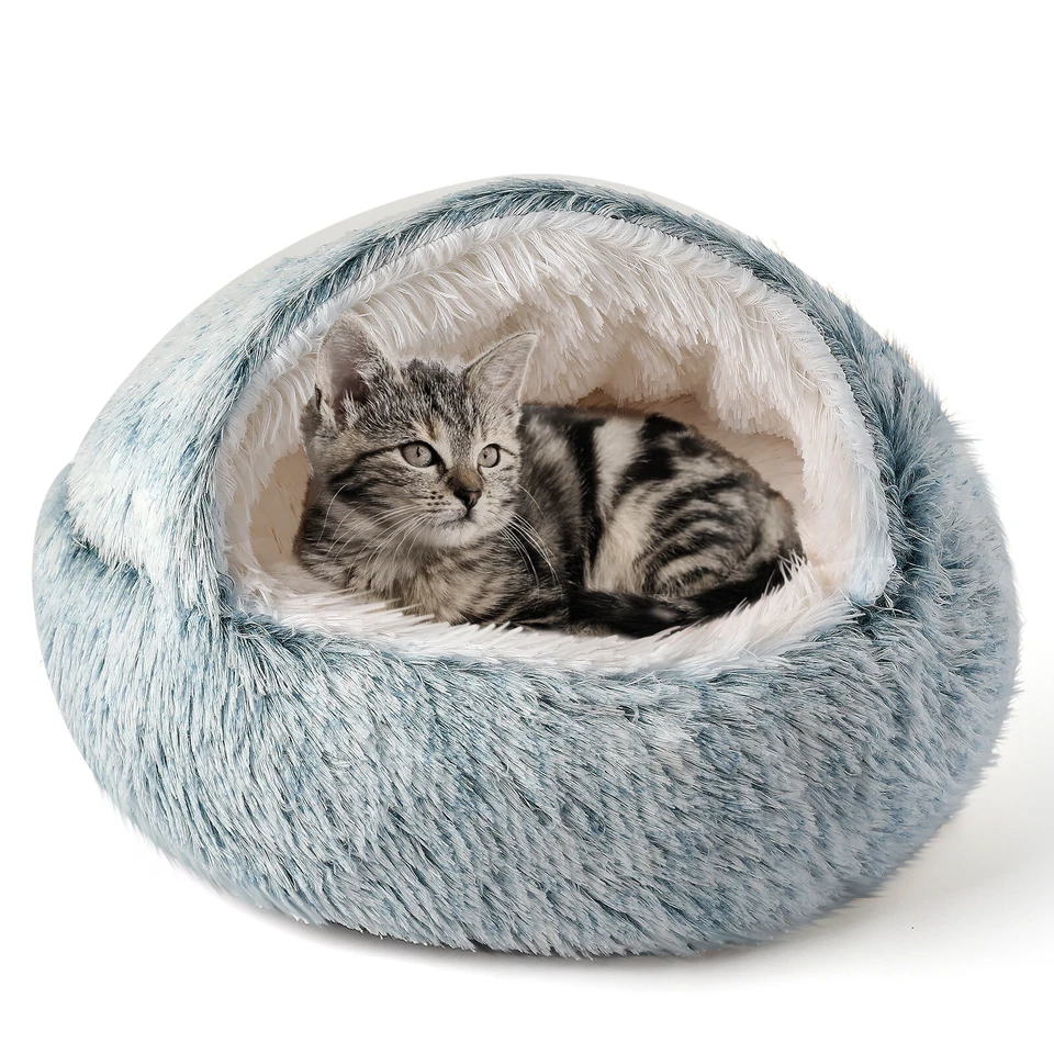 Cat Bed Cave Round Plush Fluffy Hooded Cat Bed Donut Self Warming Pet Dog Bed - Image 1 of 4