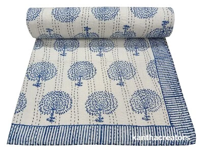 Tree Of Life Kantha Blanket Hand Stitch Throw Reversible Indian Cotton Quilt - Image 1 of 4