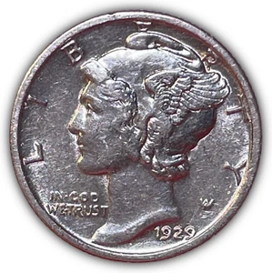 Moneda de diez centavos de plata Mercury 1929 casi sin circular AU, ligeramente limpia #23670 - Imagen 1 de 3