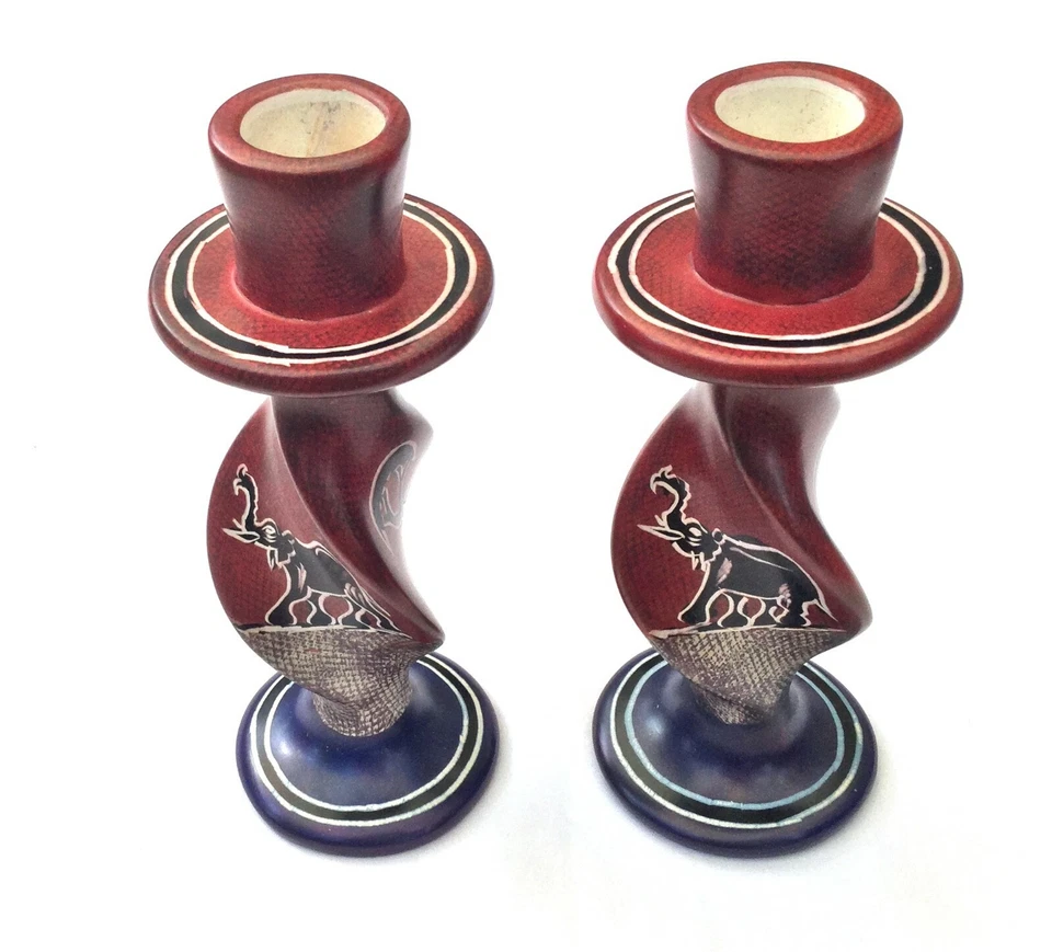 A Pair of Handmade Painted Candle Holders Elephant Design - 7" - Image 1 of 3