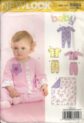 NEW LOOK 6636 INFANT SZ NB-L FOOTED JUMPSUIT, TOP, PANTS, BLANKET SEWING PATTERN - Image 1 of 2