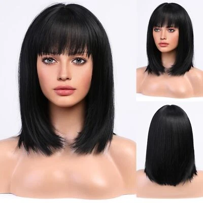Women's Black Bob Wig Short Straight Synthetic Fiber Hair Full Bangs Cosplay Wig - Image 1 of 4