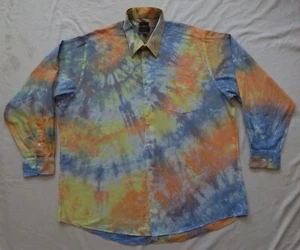 Tie Dye Blue Orange Long Sleeve Button Up Shirt - 2XL Hand Made XXL Psychedelic - Picture 1 of 8