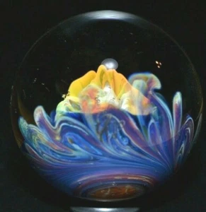 ETHAN LESCH GLASS MARBLE/1.512"-MANGO THISTLE/LAVENDER FLOWER-MANGO,BURNT ORANGE - Picture 1 of 12