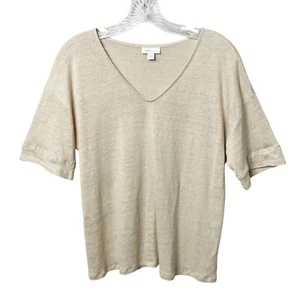 J. Jill Love Linen Beige V-Neck Top Womens Size Small Crochet Trim Short Sleeve - Picture 1 of 9