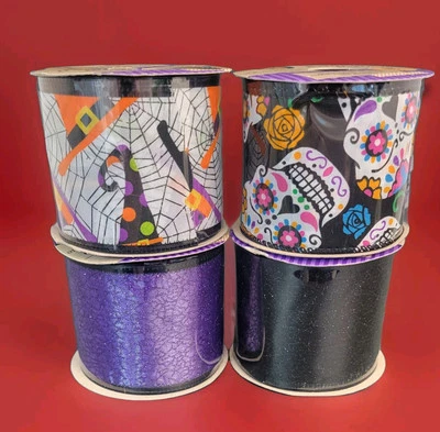 Ribbon Halloween New WireEdge 4 Crafter's Square* 2 Print- Blk- Purple 2.5"×9ft - Image 1 of 4