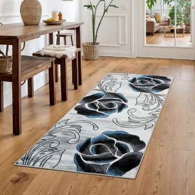 Non-Slip Runner Carpet Floor Area Rug Accent Decorative Mat, Black Rose Floral - Image 1 of 4
