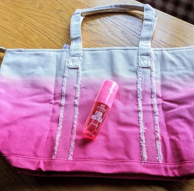 VICTORIA'S SECRET 2025  Ombré PINK/Canvas Travel   BEACH TOTE & SOL 3.4 oz Mist  - Image 1 of 4