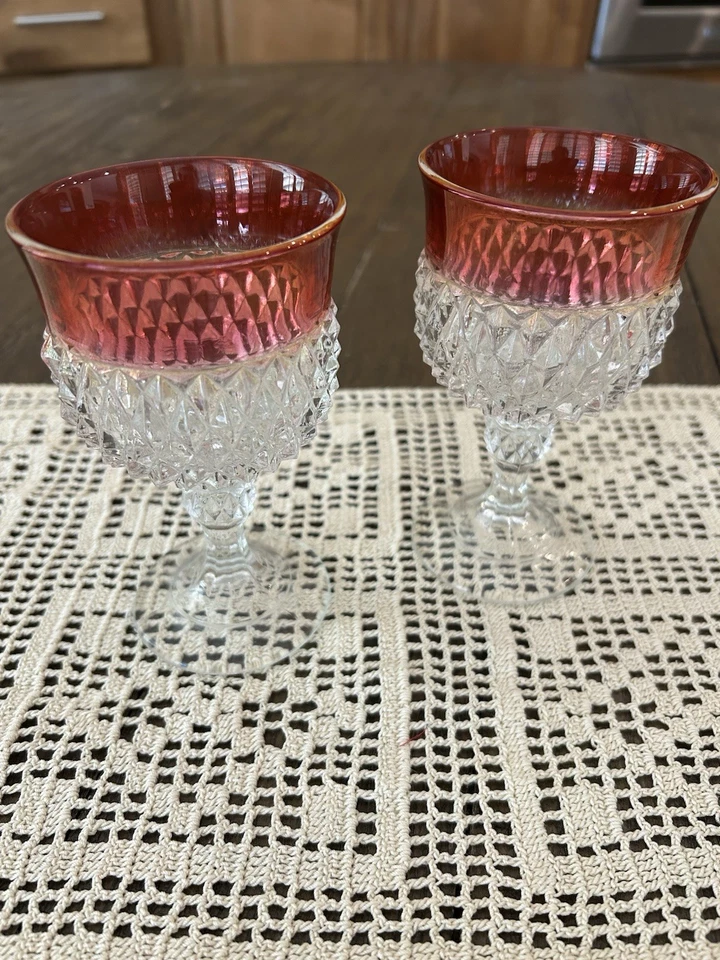 Indiana Glass Diamond Point Ruby Wine Glasses 5.25” Tall Set Of 2 - Image 1 of 4