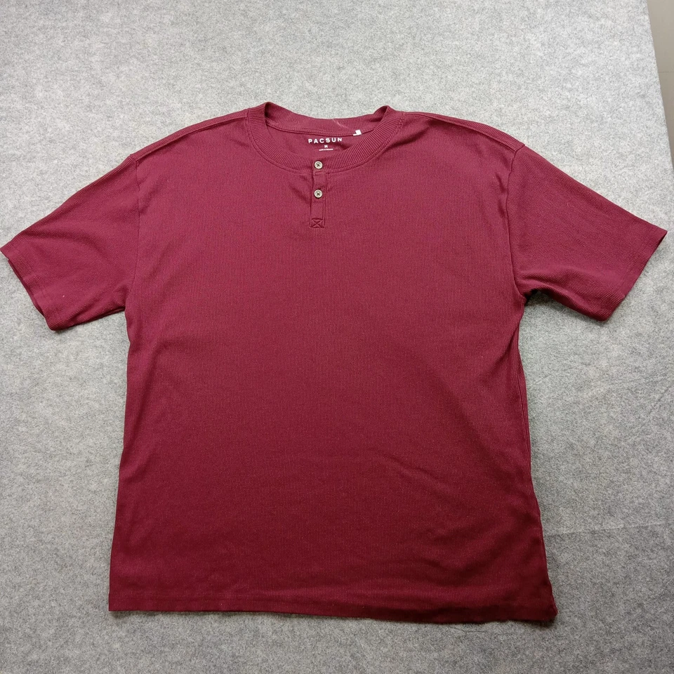 Camisa PacSun Para Hombres Mediana Henley Borgoña Manga Corta Tejida Cuello Redondo Top Foto 1 de 4