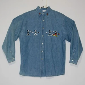 Vintage Disney Mickey’s World Herren Langarm bestickt Denim geknöpft Hemd Gr. M - Bild 1 von 8