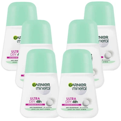 6x 50ml Garnier mineral Ultra Dry 48h Deo Roll On 0% Alcohol Anti Transpirant