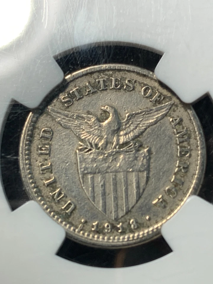 US PHILIPPINES 5 CENTAVO 1918-S MULED W/ 20 CENTAVO REVERSE NGC F DETAILS SCARCE - Image 1 of 4