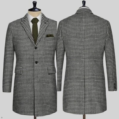 Winter Gray Houndstooth Warm Coat Single Breasted Notch Lapel Casual Overcoat - Imagem 1 de 4
