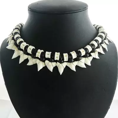 Awesome 21pc Unisex White Tip Shark Tooth Bone Black Heishi Beads Necklace - Image 1 of 3