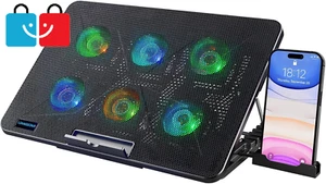 Laptop Cooling Pad 6 Quiet Fans RGB Lights for 12-17" Adjustable Stand USB Ports - Picture 1 of 7