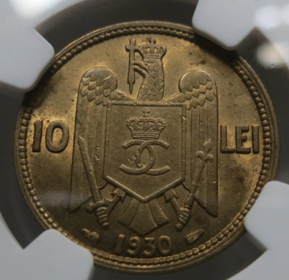 ROMANIA Kingdom 10 lei 1930 a Paris NGC MS 63 UNC Brass Nickel Eagle King Carol - Image 1 of 3