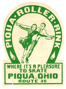 Etiqueta adhesiva vintage de patinaje sobre ruedas Piqua Roller Rink Piqua, Ohio años 40 - Imagen 1 de 2