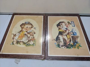 Set of 2 Soroka Vintage Art Wall Plaques Pigs Piglets Litho On cork Russ Miller - Picture 1 of 6