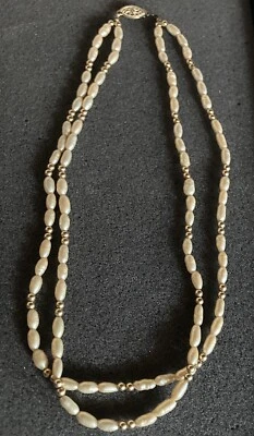 COLLAR DE PERLAS BLANCAS 14KG Vintage Doble HILO CUENTAS DE ORO 8 PULGADAS DE LARGO Foto 1 de 4