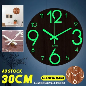 12inch Wall Clock Indoor Glow In Dark Luminous Quartz Modern Silent Night Light - Picture 1 of 12