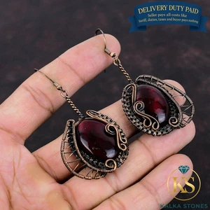 Pendientes colgantes de labradorita de fuego rojo natural envueltos en alambre de cobre joyería - Imagen 1 de 6