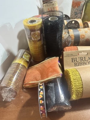 Lot Of 25+ Rolls of Fall Autumn Ribbon Mesh Burlap Mostly NEW. Some Opened/used. - Image 1 of 4
