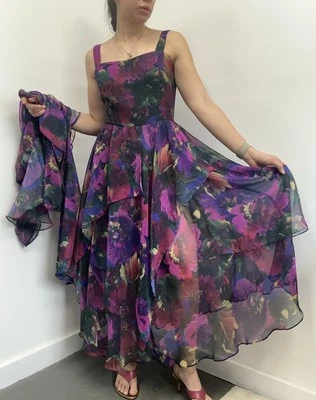 Conjunto Maxi Vestido y Chaqueta Carol Anderson Años 70/80 Floral En Niveles Gasa 2 Piezas S Foto 1 de 4