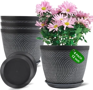 12" Plant Pot for Plants, 4 Pack Plastic Flower Pots w/ Drainage Hole & Saucer - Picture 1 of 12