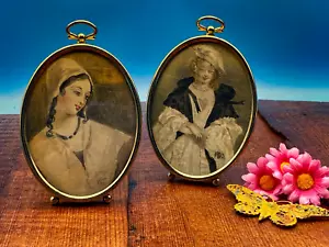 Antique Fine two miniature portraits paintings of young ladies 10.5 x 8cm Framed - Picture 1 of 12