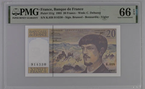 France, Banque de France P-151g 1993 20 Francs 66 EPQ Gem UNC Cover