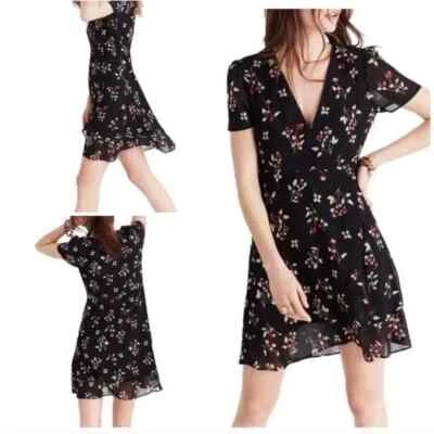 MADEWELL 6 Alexa Chung Dress Black Floral Print Faux Wrap Short Sleeve Red VNeck - Image 1 of 4