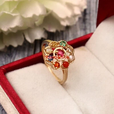 Natural Navaratna Gemstone With 18k Gold Plated Silver Women's Ring #995 - Image 1 of 4