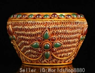 Jarro pote dourado 3,2" antigo budismo tibetano prata filigrana incrustada pedras preciosas - Imagem 1 de 4