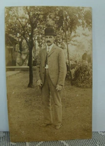 Vintage RPPC  Stern looking gent fancy suit nice Fedora hat - Picture 1 of 3