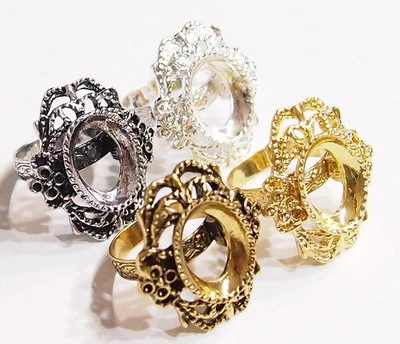 4 Colors 18x13 mm Victorian Art Deco Lacy Flower Adjustable Ring Settings, Nice - Image 1 of 4