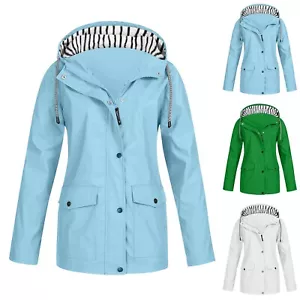 Women Solid Stripe Rain Jacket Outdoor Plus Waterproof Hooded Raincoat Windproof - Picture 1 of 21