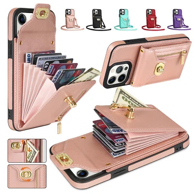 Para iPhone 16 15 14 Plus 13 12 Pro Max Bandolera Abatible Cuero Billetera Estuche para Tarjetas Foto 1 de 4